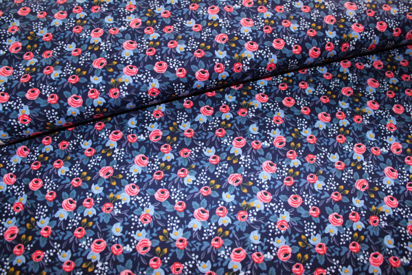 Designerbaumwollstoff Röschen dunkelblau (10 cm)